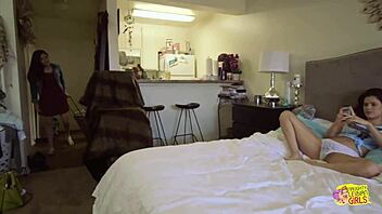 Two hairy lesbians lick pussies in bedroom lingerie