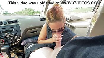Blonde gives deepthroat blowjob in car
