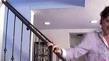 A blonde lady with big fake breasts enjoys wild kitchen action.