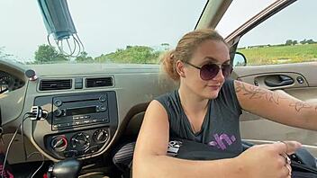 Blonde gives deepthroat blowjob in car