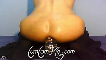 teen rides water bottle in ass on webcam