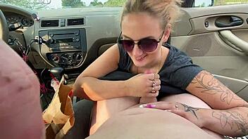 Blonde gives deepthroat blowjob in car