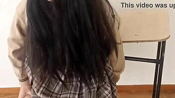 cum inside me before we're caught, i beg her. school girl pulls down skirt for public classroom fuck in homemade vid.