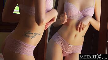 horny girl with tight pussy masturbates to orgasm in lingerie