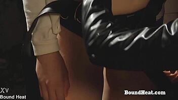 Busty lesbian slave gets big black strapon from mistress for pussy pleasure