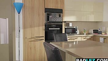 Petite lesbian milf railed with icy cold dildo by blonde roommate