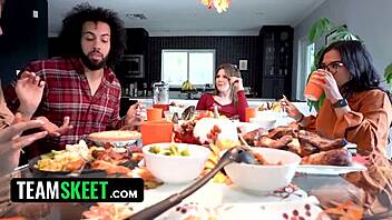 grateful for these asian and blonde babes riding hard in holiday orgy!