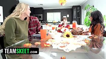 grateful for these asian and blonde babes riding hard in holiday orgy!