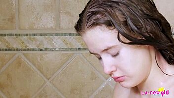 Skinny Teen 18+ Brunette Relaxes in Steamy Shower Scene.