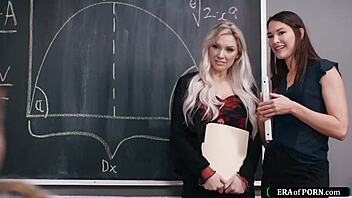 Milf teachers catch colleague jerking off in classroom