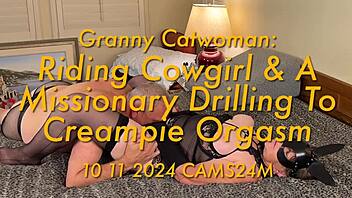 Granny Catwoman rides cowgirl to creampie climax!