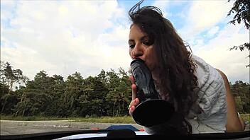 Teen Girlfriend Orgasms On Car Hood Dildo