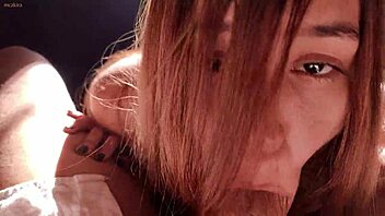 Beautiful brunette gives delicious blowjob to monster cock on sunny afternoon