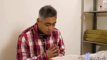 busty chinese babe jinbaona gets deeply fucked by tattooed stud in wet action. her big tits bounce wild!