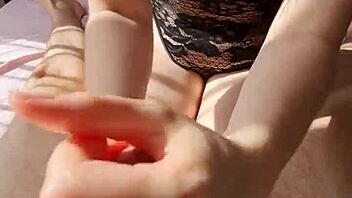 hot sunny handjob with cumshot in lingerie