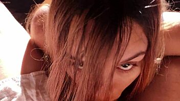 Beautiful brunette gives delicious blowjob to monster cock on sunny afternoon