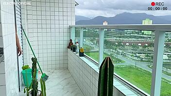 Latina employee teases with short shorts and beautiful ass.