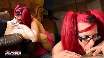 Busty redhead lily b licks feet and gives deep bj