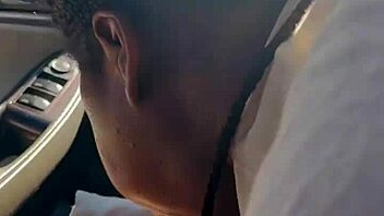 Ebony swallows big black cock cum in car.