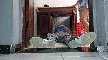 wife in miniskirt teases plumber neighbor without panties