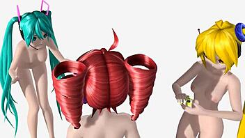 Hatsune Miku Teto and Neru in full nude triple baka mod