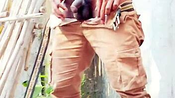 I watched old cuckold's small hairy black cock get pissed on outdoors