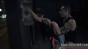 husband bound tight, teen in glasses gives extreme handjob in wild bdsm domination.