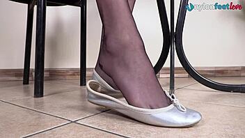 Leggy Brunette Feels Sensual In Pantyhose And Ballet Flats