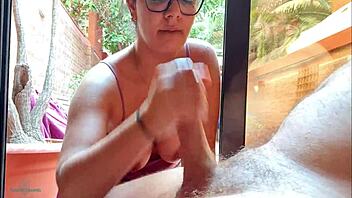 Hey, my stepson is flashing his big cock on the terrace!