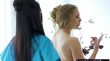 sweet teen massages hot milf's pussy after body massage, leading to lesbian threesome