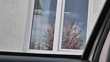 Public Nudity: Naked Milf in Stockings Washes Window for Taxi Driver.