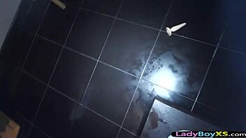 Skinny Asian ladyboy assfucked in sex chair