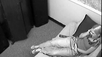 Blonde teen fingers herself on phone, then sucks big dicks