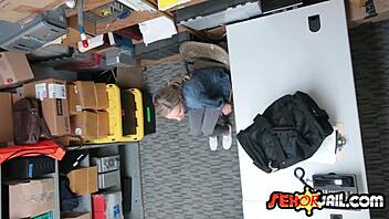 blonde in uniform gets punished by security guard for stealing in shop