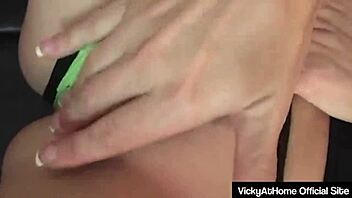 Vicky vette sucks and rides a monster cock, muff diving before cum on tits.