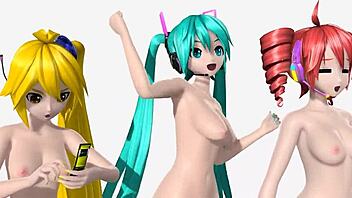Hatsune Miku Teto and Neru in full nude triple baka mod