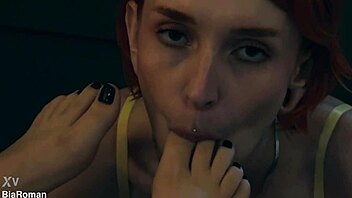 Redhead bitch dominates with pussy and toes using toys for orgasm