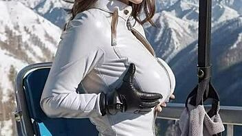 Weekend at ski resort, jerking off in leather catsuit outdoors.