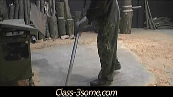 This lavish menage a trois with sharing and licking happens in the workshop.