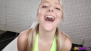 blonde teen 18+ gives incredible bbc interracial blowjob, huge cock involved.