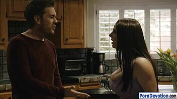 Angela White's huge tits get smashed in this deepthroat scene.