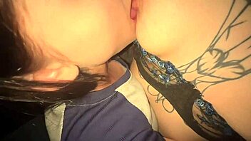 Sloppy lesbian kisses turn into wet pussy feasting with big natural tits