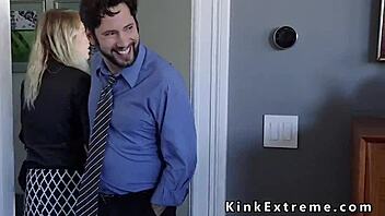 a daring couple ties up and dominates a hot blonde in a rough bondage session