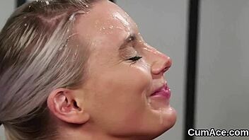 Babe receives cumshot on face gulps semen in bukkake