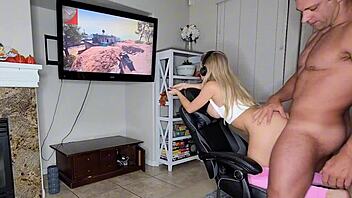 Gamer Girl Bent Over for Free Use Fucking and Cum in Her Ass and Mouth by Couple
