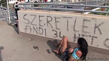 Gagged Busty Tied Slut Banged Outdoor!