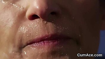 Babe receives cumshot on face gulps semen in bukkake