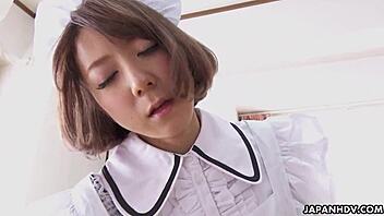 Japanese Maid Finger Fucks Trimmed Pussy in Bed Uncensored