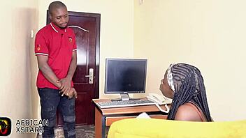 Ebony babe fucks guy in office for job 😏