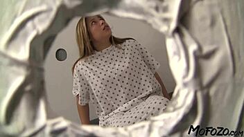 Brunette Swallows Cum In Glory Hole.